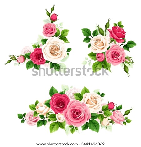 Red, pink, and white roses. Set of vector floral design elements with red, pink, and white rose flowers and green leaves isolated on a white background. Hand-drawn illustration, not AI