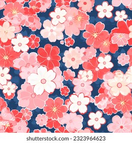 Red Pink White Sakura Japanese Cherry Blossoms Kimono Yukata Seamless Pattern Blue Wallpaper Background