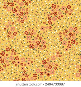red pink and white seamless floral vector small flowers leaves pattern on yellow background
