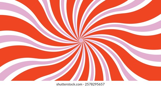 Red pink white trippy burst line background. Psychedelic wavy stripe wallpaper. Groovy twisted sunburst swirl. Distorted curly wave texture design for poster, banner, flyer, cover. Vector backdrop