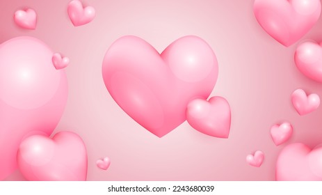 Red pink and white Valentine christmas new year 3d design background with love heart shaped balloon. Vector illustration, greeting banner, card, wallpaper, flyer, poster, brochure, wedding