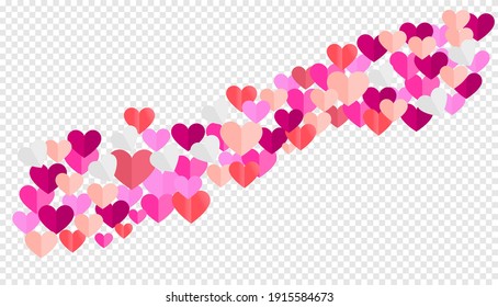 Rojo, rosa, blanco y violeta corazones voladores aislados en fondo transparente.Decoración cortada de papel para el diseño del día de San Valentín. ilustración vectorial