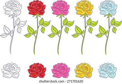 Red, pink, white and yellow roses. Isolated set