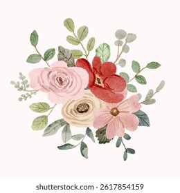 red pink yellow floral watercolor bouquet