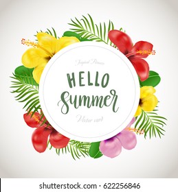 Red, Pink and Yellow Hibiscus flowers with green palm and banana leaves in realistic style isolated on white background. Circle frame. Vector illustration Summer tropical vacation symbol.