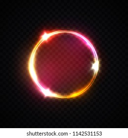 Red pink yellow neon ring. Light circle background on transparent. Glowing energy round frame. Magic light tube. Abstract electric geometric shape. Neon lights frame. Night bright vector illustration.