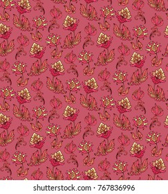 Red - pink - yellow seamless vector floral pattern with exotic flowers