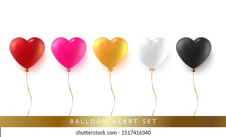 Red Pink Yellow White black Set of heart balloon with ribbon and bow.  