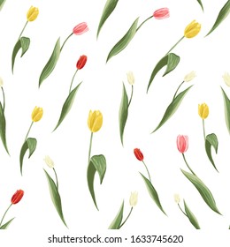 Red, pink, yellow, white tulip pattern. Seamless background for spring designs. Abstract floral repeatable illustration. Digital watercolor style drawing on graphics tablet.