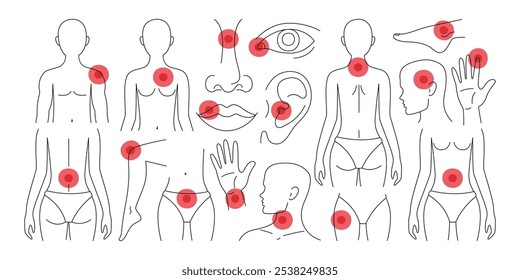 Red pints of indication of different pain location, inflammation process in human body set. Bones, joint, cartilage, skeleton, spine, internal organ chronic disease and deformation vector illustration
