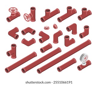 red pipe isometric steel water and gas and oil pipes Industrial connection with valve isolated vector set