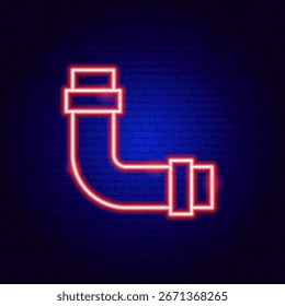 Red Pipe Neon Sign. Vector Illustration of Bright Plumber Object in Glowing Style. Plumbing Service Led Lamp Icon over Dark Blue Brick Background. 