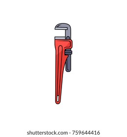 Red pipe wrench, spanner, plumber tool, hand drawn cartoon vector illustration isolated on white background. Drawing of traditional pipe wrench, spanner, plumbing tool