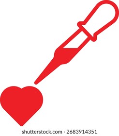 Pipeta roja o gotero que administra una gota de líquido sobre un símbolo del corazón. Concepto de dosis de amor, tratamiento médico para el corazón, ciencia del romance, o una poción de amor.