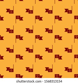 Red Pirate flag with skull icon isolated seamless pattern on brown background.  Vector Illustration