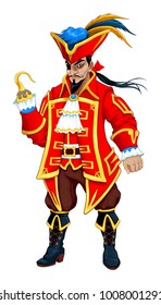 Pirata rojo con gancho. Caricatura vectorial de carácter aislado.