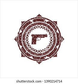 Red pistol icon inside distressed with rubber seal texture
