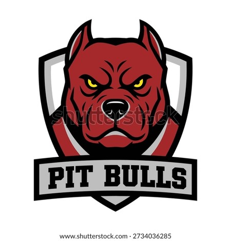 Red pit bull dog head logo with yellow eyes on shield and text pitbull animal