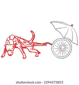 The red pitbull pull a cart.