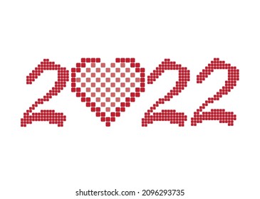Red pixel 2022 heart in retro style. Vintage love symbol, 8 bit illustration. Vector design element.