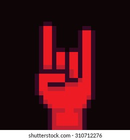 Red pixel art hand raised up and showing rock'n'roll gesture