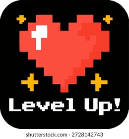Video Corazón rojo del arte del pixel con el texto de Level Up en el fondo negro para el juego retro y el diseño de interfaz de juego