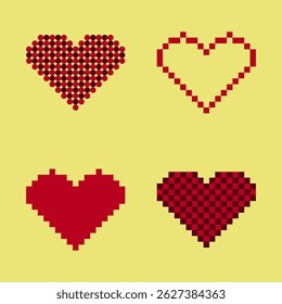 Red pixel art hearts set. retro 2D pixel art