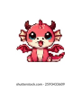 Red pixel baby dragon vector icon. Cute cartoon dragon. Baby dragon. Mythical creature red dragon. Baby dragons with wings. Vector 2d baby monster icon for games.