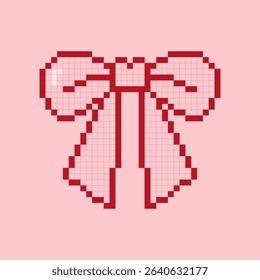 Red pixel bow on a pink background. A charming retro-style illustration perfect for digital design, stickers, greeting cards, and decorative elements.