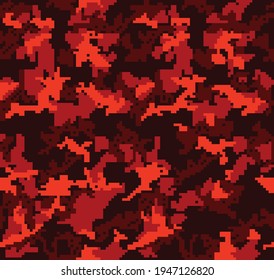 Red pixel camouflage, vector seamless pattern. Digital texture.