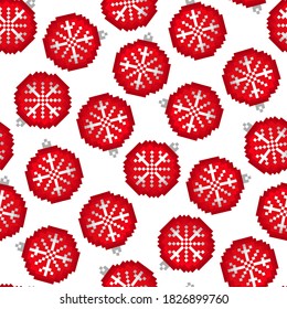 Bolas de Navidad de píxel rojo con copo de nieve aislado en fondo blanco. Lindo patrón festivo sin fisuras. Ilustración gráfica a mano vectorial. Textura.