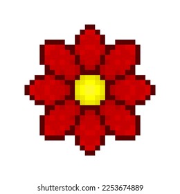 Red pixel flower icon. Colored round silhouette. Top front view. Editable pixels. Vector simple flat graphic illustration. Isolated object on a white background. Isolate.