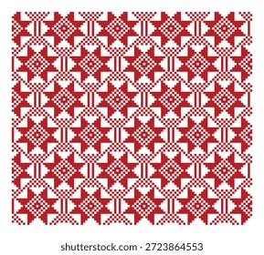 Estrela de oito pontas geométrica de pixel vermelho Padrão de Alatyr do ornamento de bordado ucraniano em layout de plano de fundo repetido