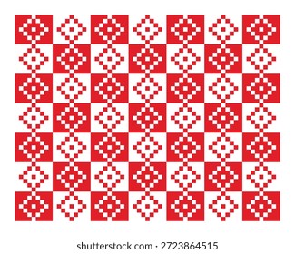 Red pixel geometric repeated Ukrainian embroidery ornament tile background. Traditional motif vector pattern