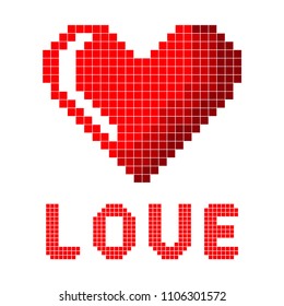 Red pixel heart with the inscription Love. Close-up. Isolated object on white background. Vector image.
