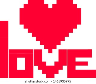 red pixel heart with love word