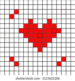 Rotes Pixelherz auf weißem Hintergrund. Isolieren. Vorlage für Frames sammeln. Herzform aus quadratischen Fliesen.
