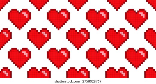 Red pixel heart seamless pattern for romantic textile, wallpaper, wrapping paper and love themed decor.