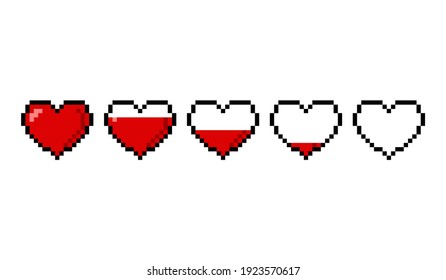 Red pixel hearts with a health scale isolated on white background. Pixel game 8 bit health heart life bar icons. Gaming controller vector illustration