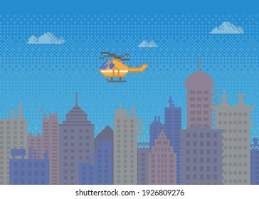 Red pixel helicopter in blue sky over buildings. High speed vehicle in pixel-game on city background. Aircraft flies over pixelated metropolis. Transport carries out special mission over clouds