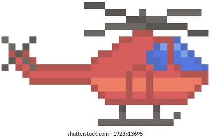 Red pixel helicopter with blue windows. Vehicle in pixel-game on white background. High speed transport, propeller helicopter for monster fighting game. Pixelated color combat machine aircraft