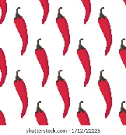 Pimientos de píxeles rojos aislados en un fondo blanco. Patrón sin problemas. Ilustración gráfica vectorial. Textura.