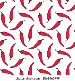 Red pixel peppers isolated on white background. Seamless pattern. Vector flat graphic illustration. Texture.