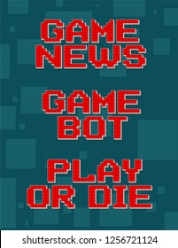 Red pixel retro different texts for video games web design. Bot, news, die. Navigation buttons. On gray background with square. Vector icons set.