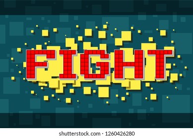 Red pixel retro fight navigation button for video games, web design. On yellow background with square. Vector icon.