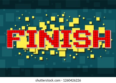 Red pixel retro finish navigation button for video games, web design. On yellow background with square. Vector icon.