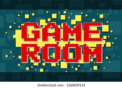 Red pixel retro game room button for video games, web design. On yellow background with square. Vector icon.