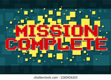 Red pixel retro mission complete navigation button for video games, web design. On yellow background with square. Vector icon.