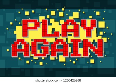 Red pixel retro play again navigation button for video games, web design. On yellow background with square. Vector icon.