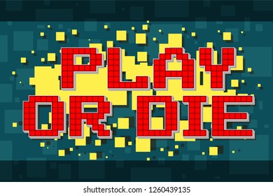 Red pixel retro play or die button for video games, web design. On yellow background with square. Vector icon.